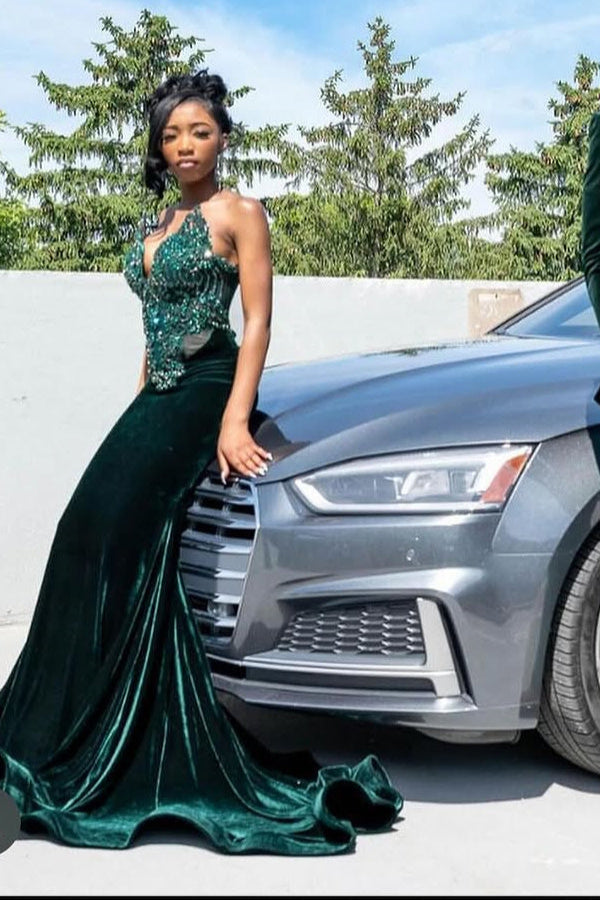 Dark Green Beaded Mermaid Fit Floor length Prom Dresses-Ballbella