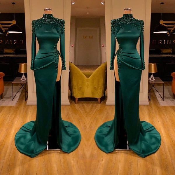 Dark Green Beadings Pearl Long Sleeves Evening Gowns Mermaid Prom Dress With Slit-Ballbella