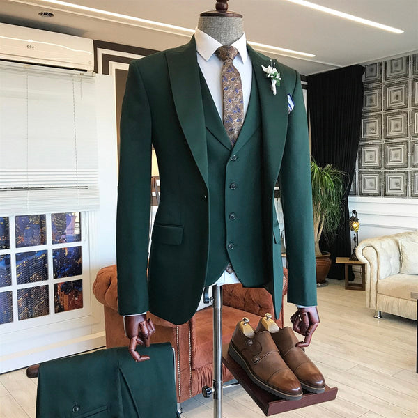 Dark Green Bespoke Peaked Lapel Three Pieces Men Suits-Ballbella