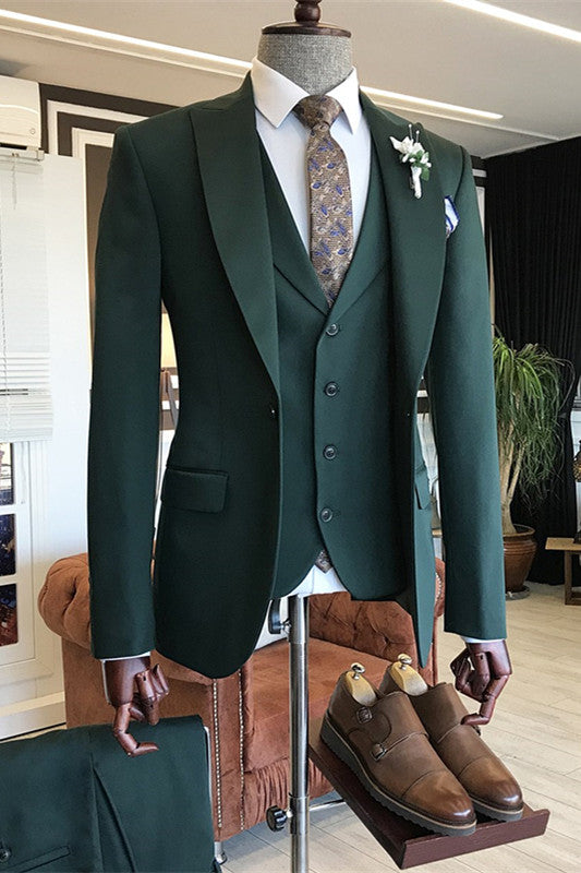 Dark Green Bespoke Peaked Lapel Three Pieces Men Suits