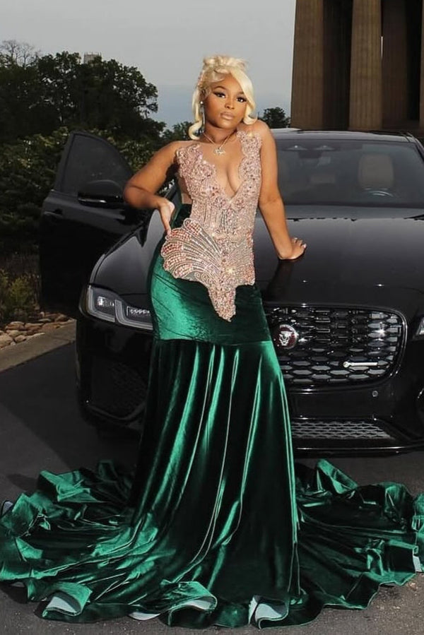 Dark Green Champange Beaded V-neck Sleeveless Long Prom Dresses-Ballbella