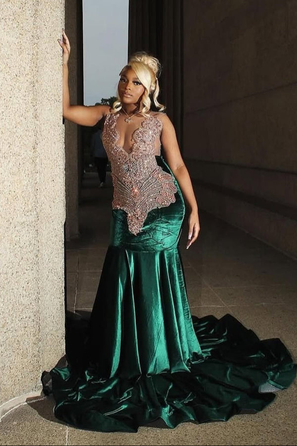 Dark Green Champange Beaded V-neck Sleeveless Long Prom Dresses-Ballbella