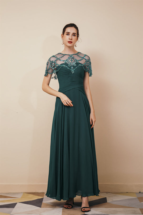 Dark green Chiffon Sparkle Beaded Evening Dress with Cape-Ballbella