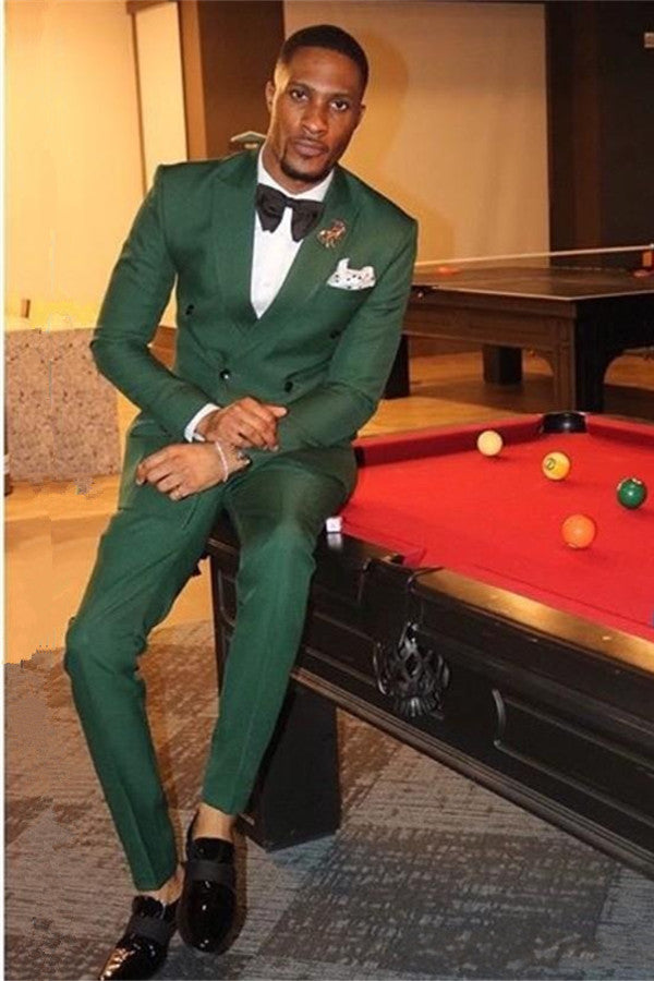 Dark Green Double Breasted Peaked Lapel Two Piece Mens Suit-Ballbella