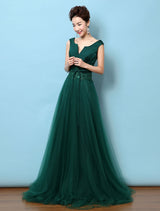 Dark Green Notched Neckline Tulle Evening Dress Backless Mother's Dress-Ballbella