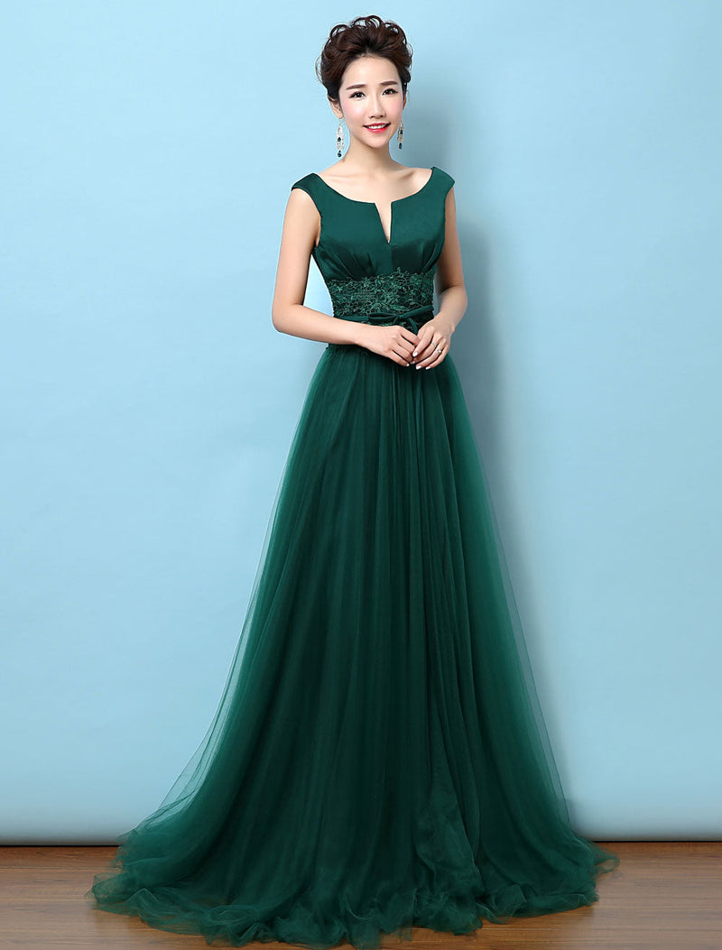 Dark Green Notched Neckline Tulle Evening Dress Backless Mother's Dress-Ballbella