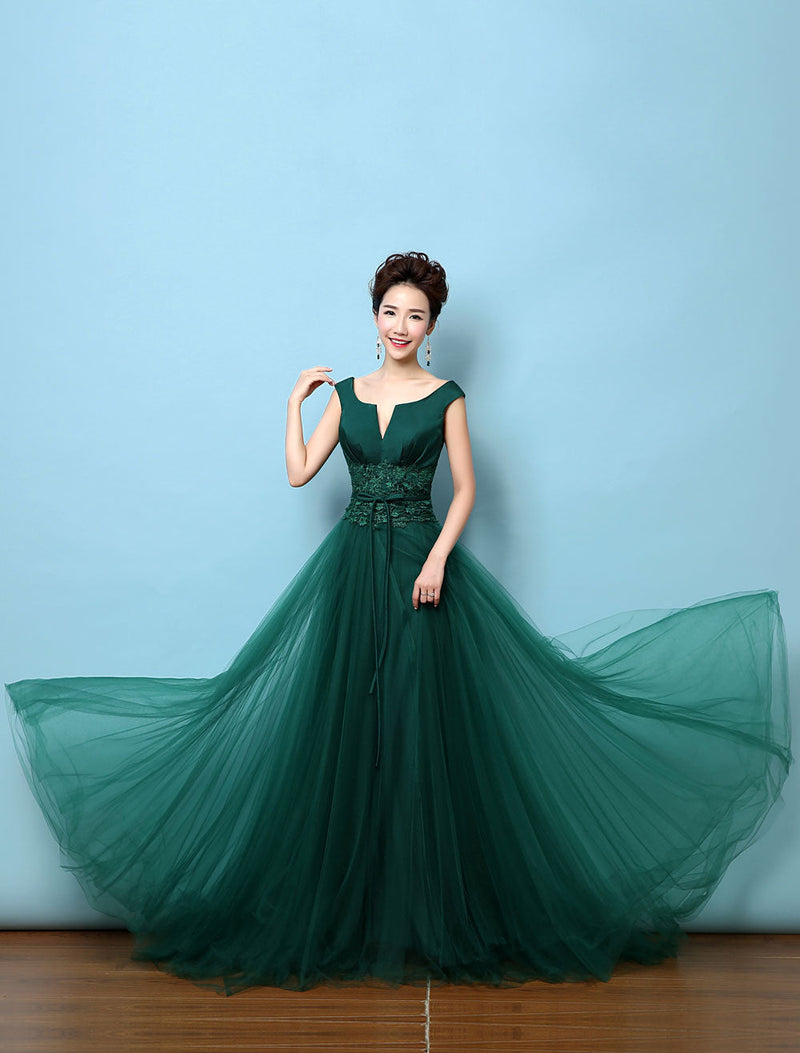 Dark Green Notched Neckline Tulle Evening Dress Backless Mother's Dress-Ballbella