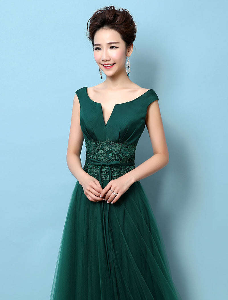 Dark Green Notched Neckline Tulle Evening Dress Backless Mother's Dress-Ballbella