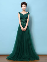 Dark Green Notched Neckline Tulle Evening Dress Backless Mother's Dress-Ballbella