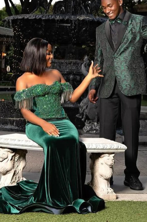 Dark Green Off the shoulder Sequined Mermaid Long Prom Dresses-Ballbella