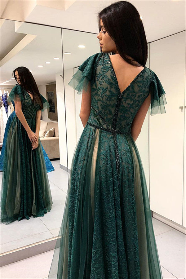 Dark Green Princess Short Sleeves Long Prom Dresses V-Neck Lace Evening Dresses with Soft Pleats-Ballbella