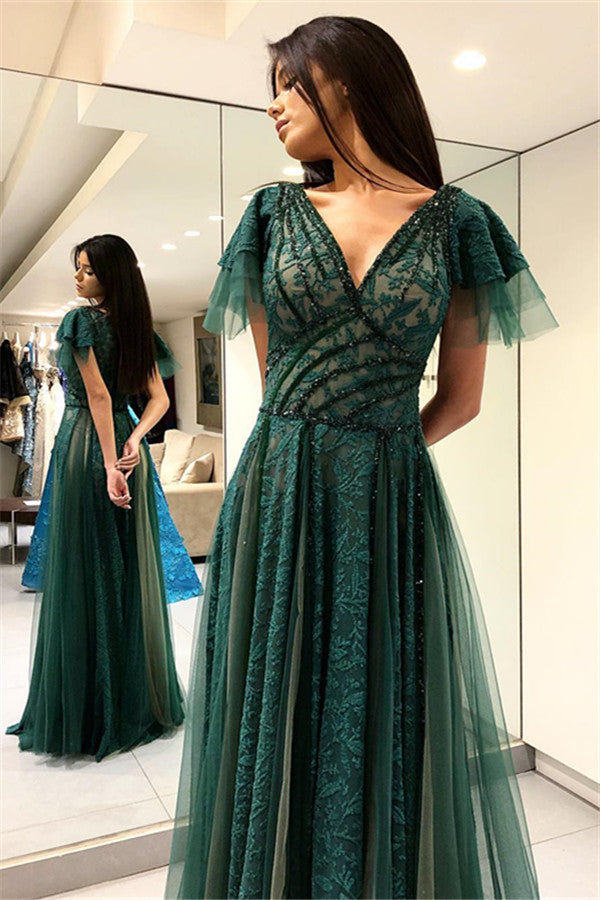 Dark Green Princess Short Sleeves Long Prom Dresses V-Neck Lace Evening Dresses with Soft Pleats-Ballbella