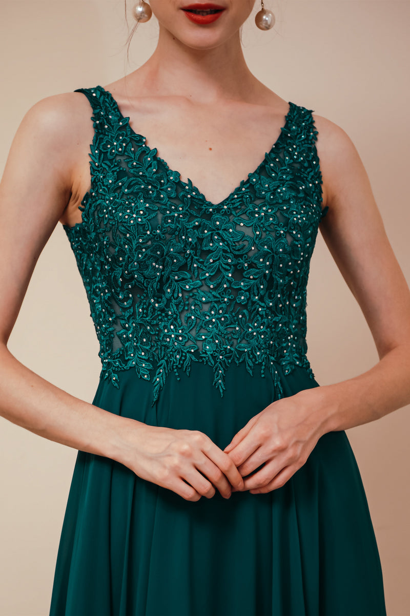 Dark Green V-neck Open-back Sleeveless Lace Evening Dress-Ballbella