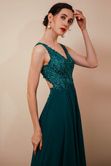 Dark Green V-neck Open-back Sleeveless Lace Evening Dress-Ballbella