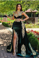 Dark Green Velvet Mermaid Evening Dress with Gold Lace appliques-Ballbella