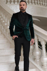 Dark Green Velvet Three Pieces Fashion Shawl Lapel Wedding Groom Suits-Ballbella