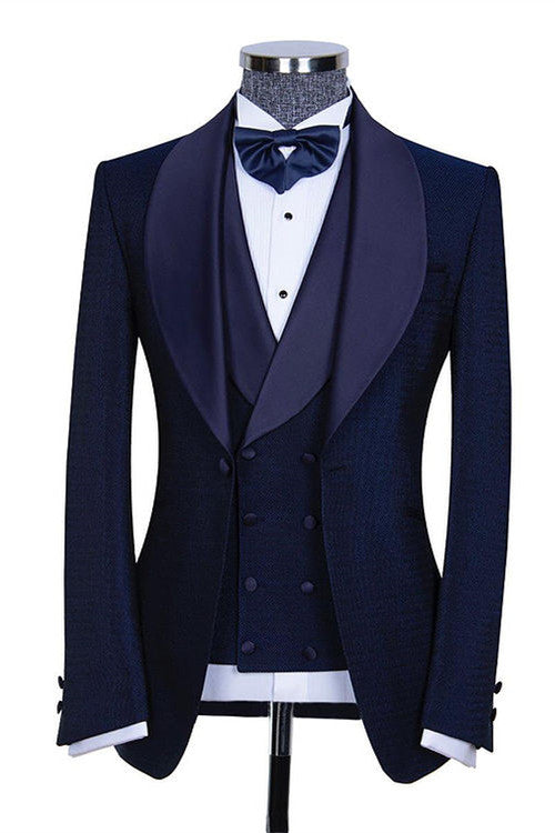 Dark Navy Shawl Lapel Three Pieces Slim Fit Wedding Suits for Men Ballbella