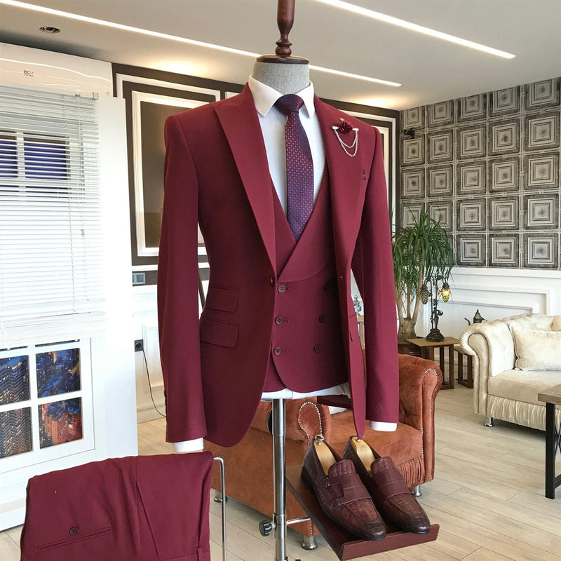 Dark Red Three Pieces Peaked Lapel Men Suits-Ballbella