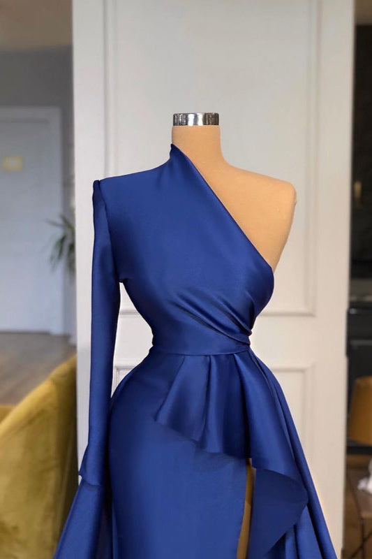 Dark Royal Blue One shoulder Ruffles Side-cut Overskirt Prom Dress-Ballbella