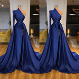 Dark Royal Blue One shoulder Ruffles Side-cut Overskirt Prom Dress-Ballbella