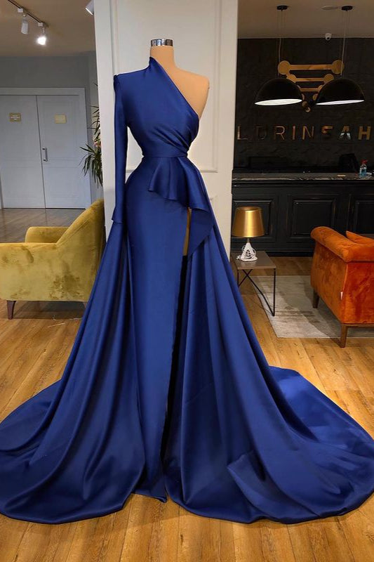 Dark Royal Blue One shoulder Ruffles Side-cut Overskirt Prom Dress-Ballbella