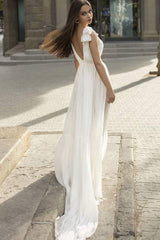 Deep V Neck Cap Sleeves White Wedding Reception Dress Aline Maxi Dress-Ballbella