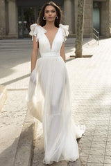 Deep V Neck Cap Sleeves White Wedding Reception Dress Aline Maxi Dress-Ballbella