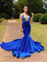 Deep V-neck Royal Blue SPAGHETTI STRAPS Mermaid Flowers Prom Dresses-Ballbella