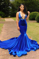 Deep V-neck Royal Blue SPAGHETTI STRAPS Mermaid Flowers Prom Dresses-Ballbella