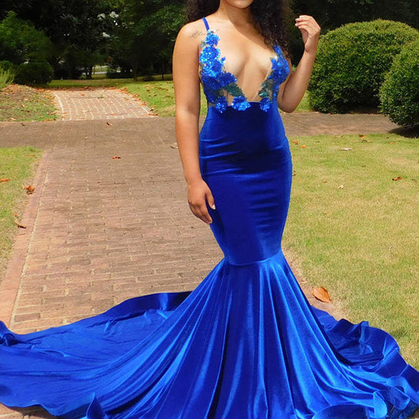 Classy Royal Blue Long Mermaid V-Neck Prom Dress Spaghetti-Straps –  Dbrbridal