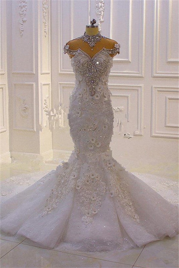 Delicate Sleeveless Beading Sheer Tulle Appliques Mermaid Sparkling Wedding Dresses-Ballbella