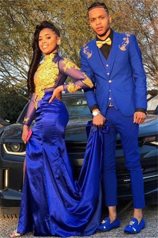 Designer Royal Blue Three Pieces Appliques Men's Prom Suits Online-Ballbella