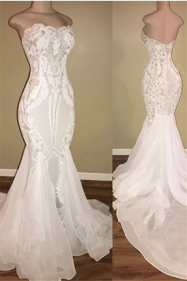 Different Sweetheart Mermaid White Summer Wedding Dresses on Sale-Ballbella