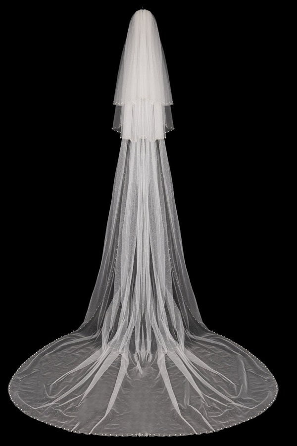 Dominic Elegant Long Tulle With Pearls Wedding Veils-Ballbella