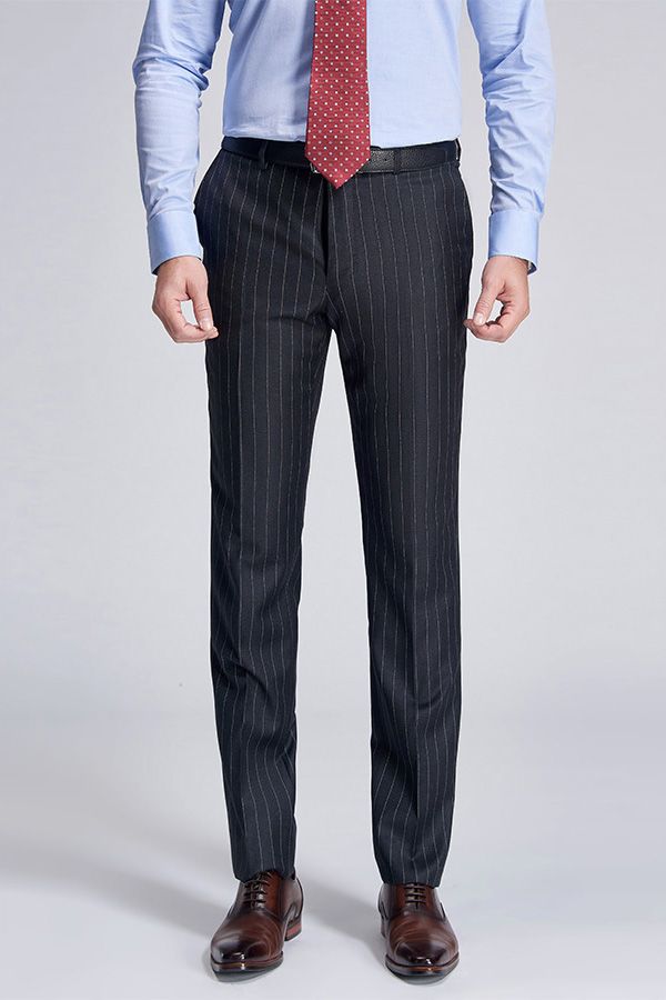 Double Breasted Mens Suits Stripes Dark Grey Suits for Men-Ballbella