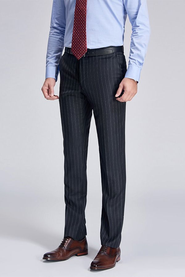 Double Breasted Mens Suits Stripes Dark Grey Suits for Men-Ballbella