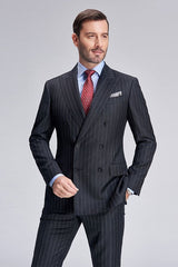 Double Breasted Mens Suits Stripes Dark Grey Suits for Men-Ballbella