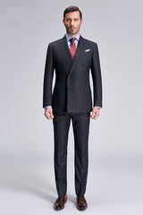 Double Breasted Mens Suits Stripes Dark Grey Suits for Men-Ballbella