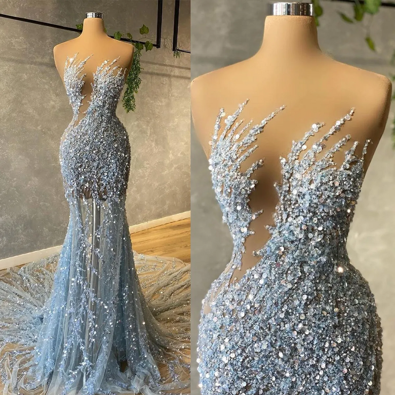 Strapless Hot Sequin Sparkle Beaded Column Court Train Prom Dresses