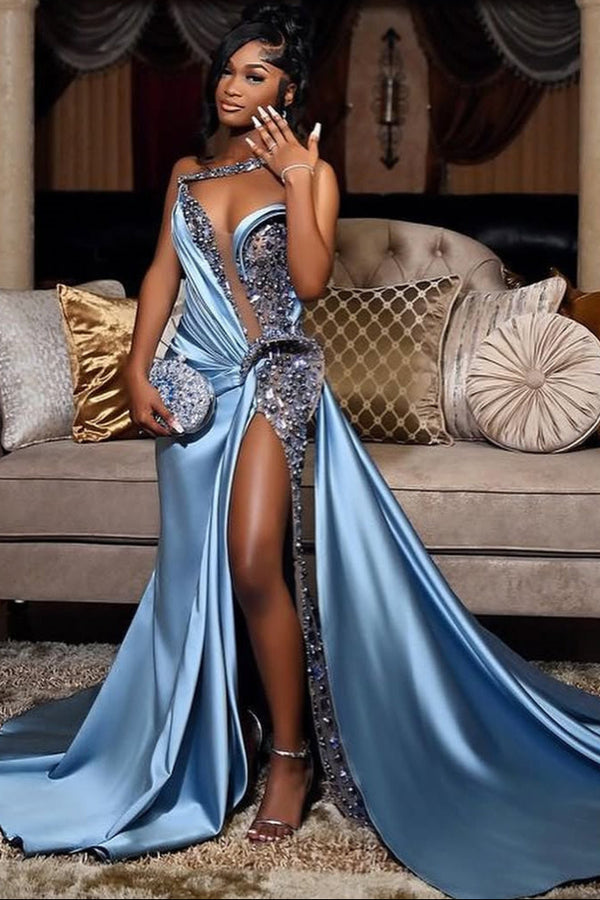 Dusty Blue One shoulder High Split Beaded Long Prom Dresses-Ballbella