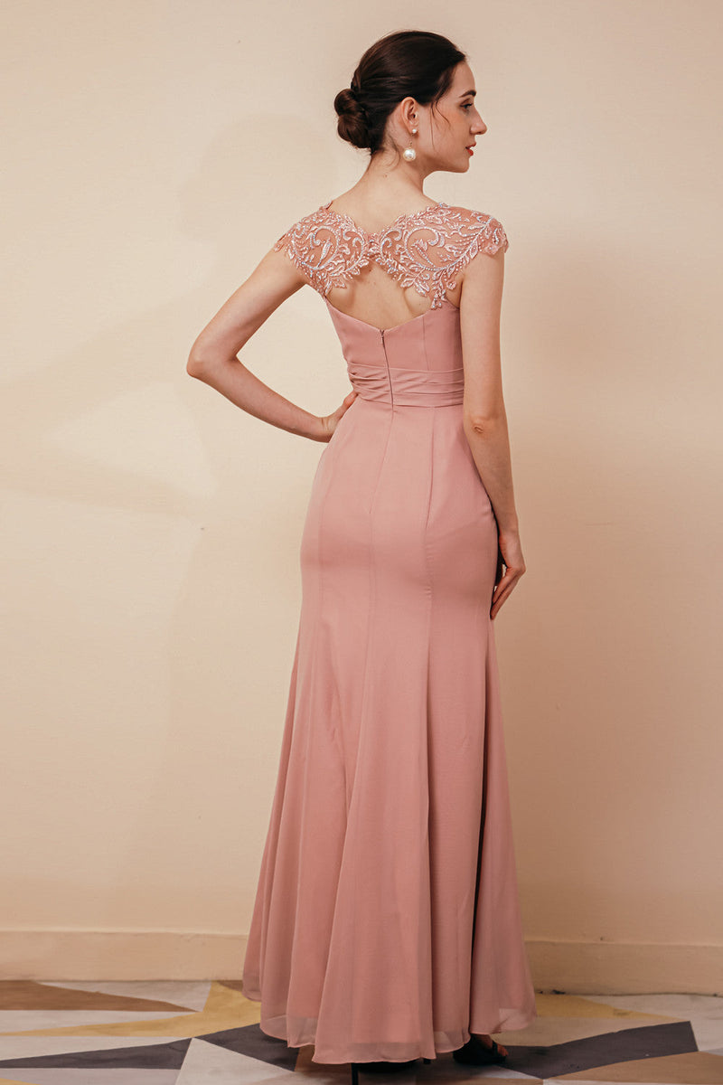 Dusty Pink Cap sleeves Chiffon Column Evening Dress-Ballbella