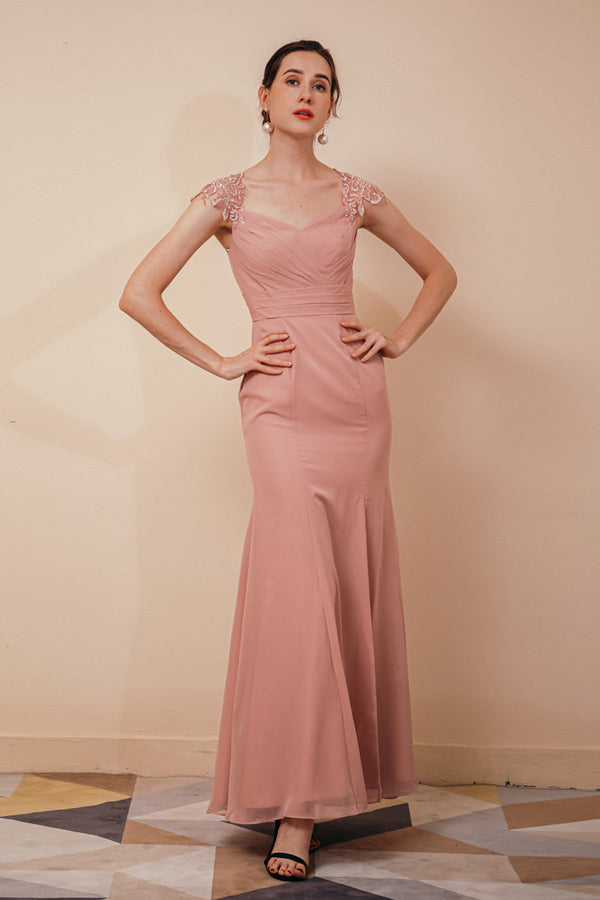 Dusty Pink Cap sleeves Chiffon Column Evening Dress-Ballbella