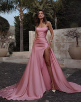 Dusty Pink Strapless Ruffles Mermaid Prom Dress Long With Slit-Ballbella