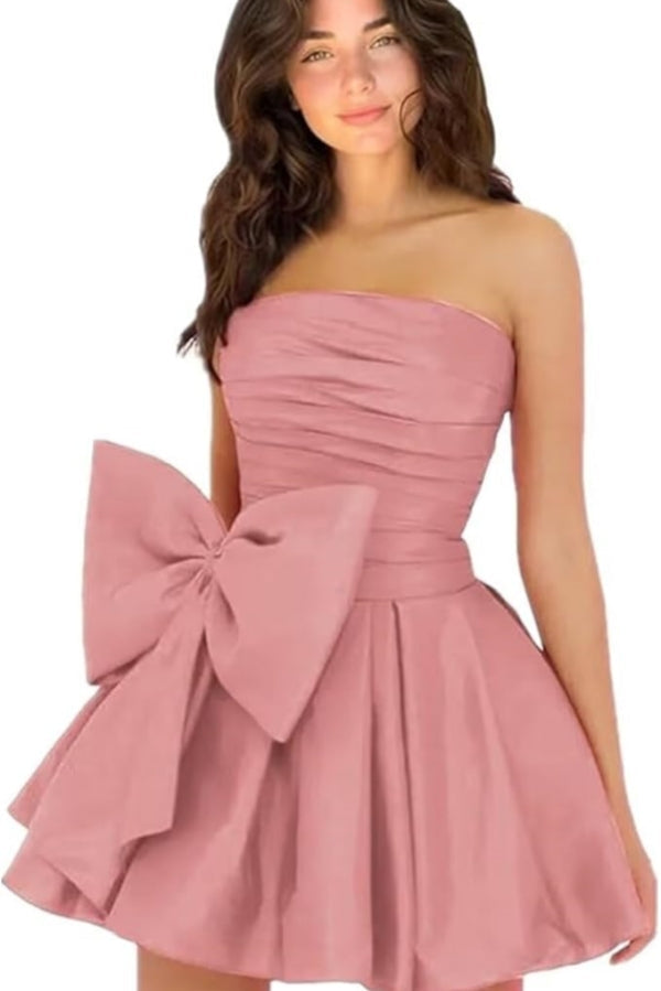 Sleeveless Ruched Short Homecoming Dresses Simple Mini Party Wear Dress with Bow