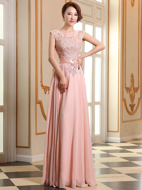 Eleagnt Evening Dresses Soft Pink Lace Applique Evening Dresses Chiffon Sleeveless Sash Floor Length Formal Gowns-Ballbella