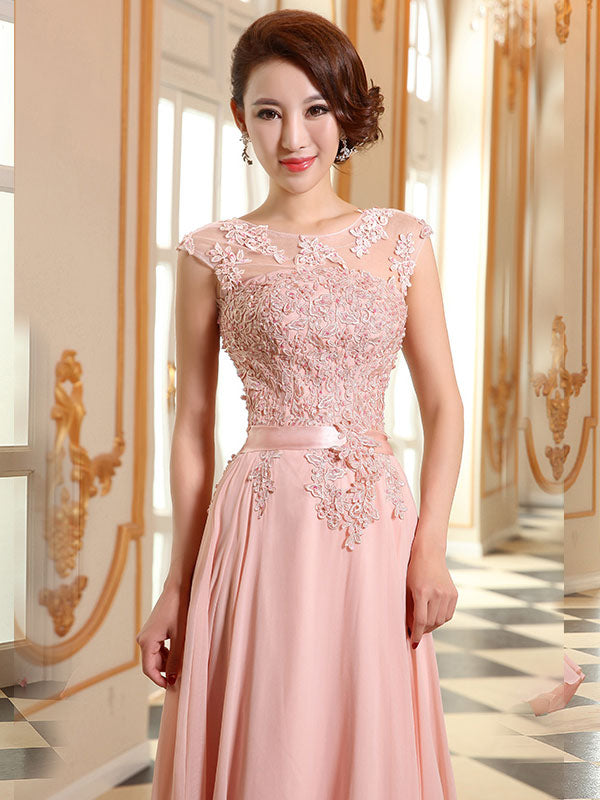 Eleagnt Evening Dresses Soft Pink Lace Applique Evening Dresses Chiffon Sleeveless Sash Floor Length Formal Gowns-Ballbella