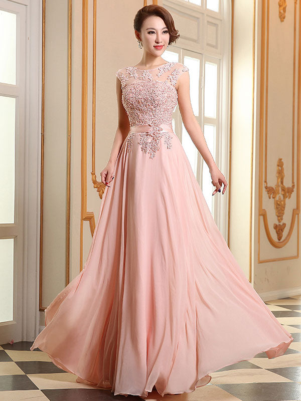 Eleagnt Evening Dresses Soft Pink Lace Applique Evening Dresses Chiffon Sleeveless Sash Floor Length Formal Gowns-Ballbella