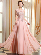 Eleagnt Evening Dresses Soft Pink Lace Applique Evening Dresses Chiffon Sleeveless Sash Floor Length Formal Gowns-Ballbella