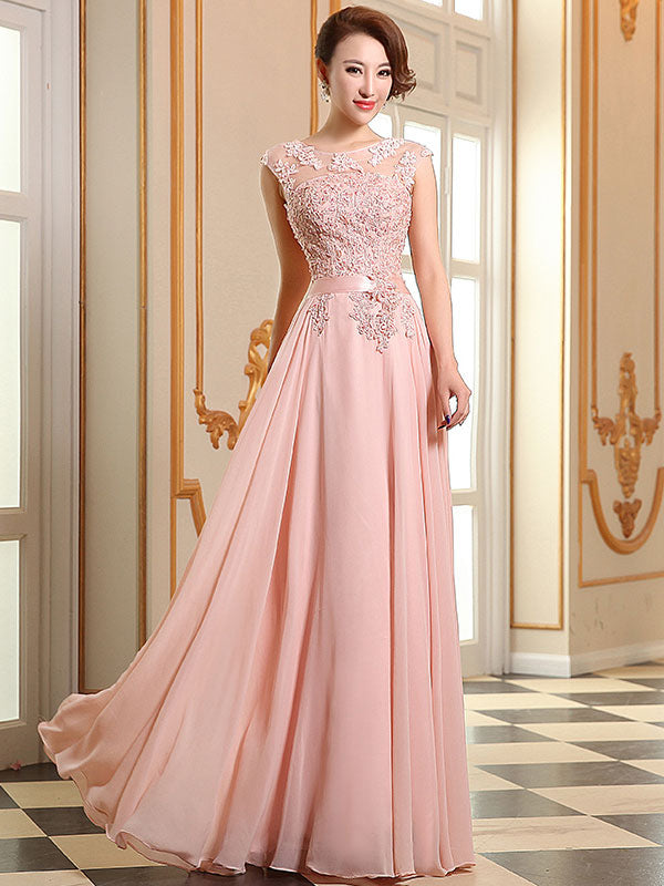 Eleagnt Evening Dresses Soft Pink Lace Applique Evening Dresses Chiffon Sleeveless Sash Floor Length Formal Gowns-Ballbella