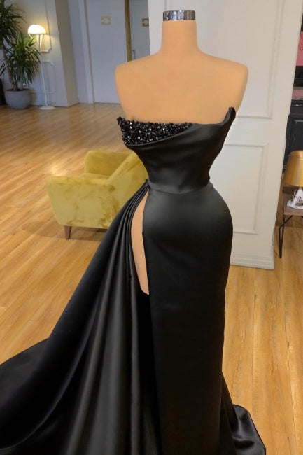 Elegant A-line Graduation Dresses Long Black Prom Dresses With Split Online-Ballbella